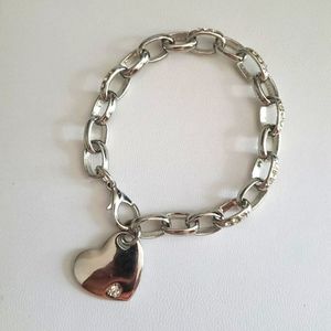 Silver heart charm chain link bracelet pave diamonds